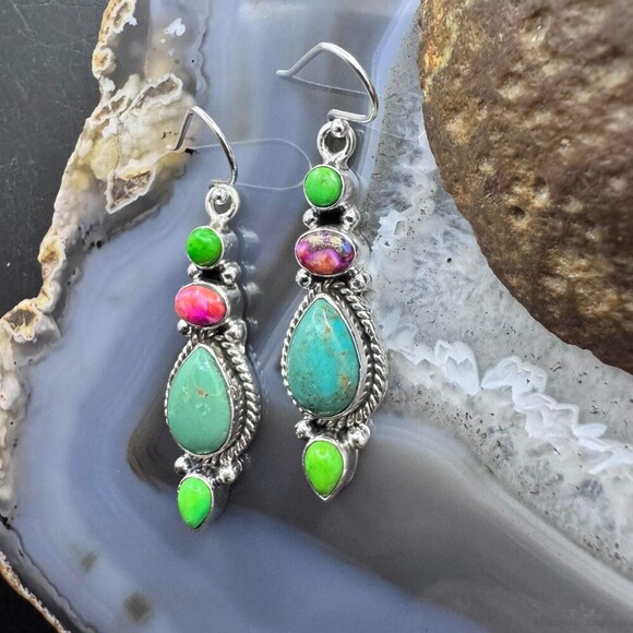 Sterling Silver Southwestern Style Multistone Dangle Earrings For Women #6 - Picture 5 of 10